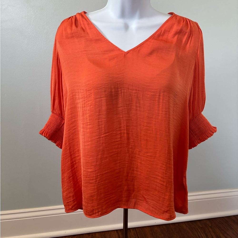 Women's V-Neck Puff Sleeve Top in Orange
